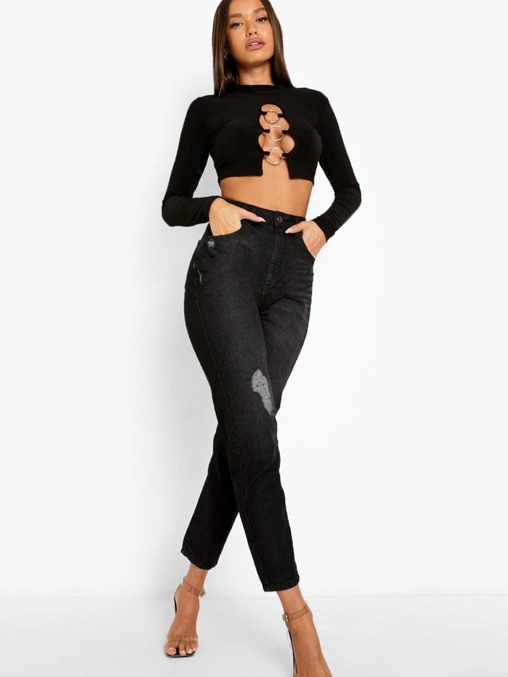NEW WITH TAGS Boohoo Black High-Rise Slim Mom Jeans - Women size US 8